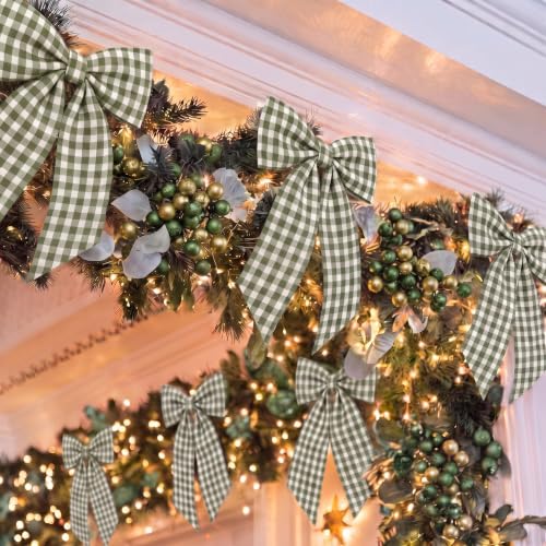 Olive Green & White Gingham Ribbon Bow 4.5" (12 Pcs) with Elastic Tie - Wavyknot