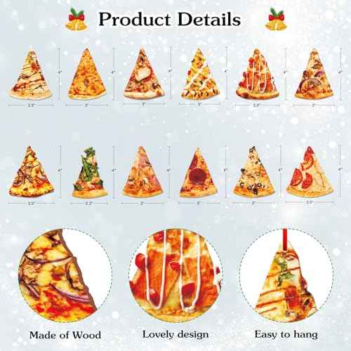 D4DREAM Pizza Christmas Ornament - 12Pcs Wooden Pizza Slice Food Ornaments for Christmas Tree Decorations Funny Food Xmas Gifts for Kids Women