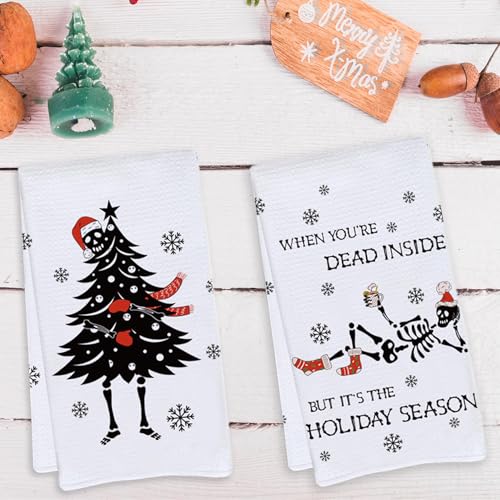 Skeleton Christmas Kitchen Towels 4-Pack - Gothic Black White Red Cotton Dish Towels
