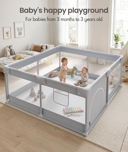 Fodoss Baby Playpen 47x47in with Door - Light Grey, Safe & Easy Setup