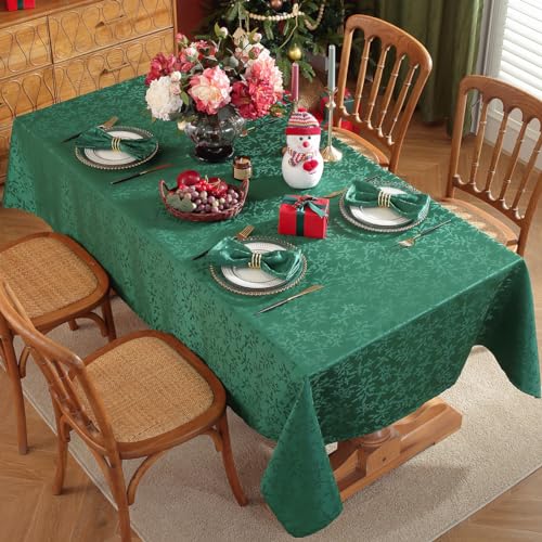 SASTYBALE 60x120 in Christmas Tablecloth - Green Jacquard Holly Berries Wrinkle-Free