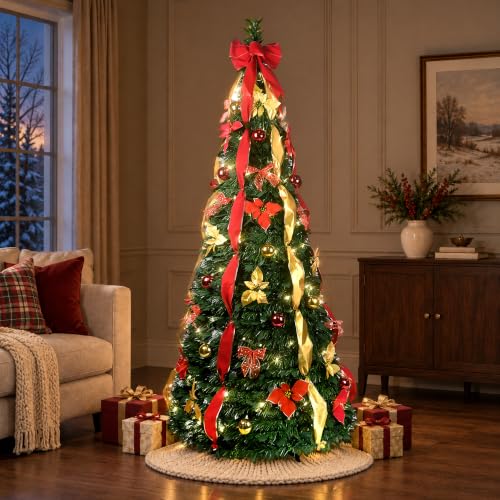 ANTSJU 7.5Ft Prelit Collapsible Artificial Christmas Tree with Warm White Lights - Green, Foldable Holiday Decor