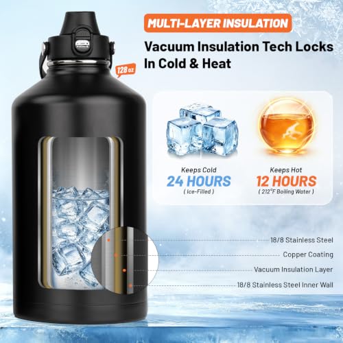 Premium Black 1 Gallon Insulated Water Bottle Leak Proof with Carrier Bag