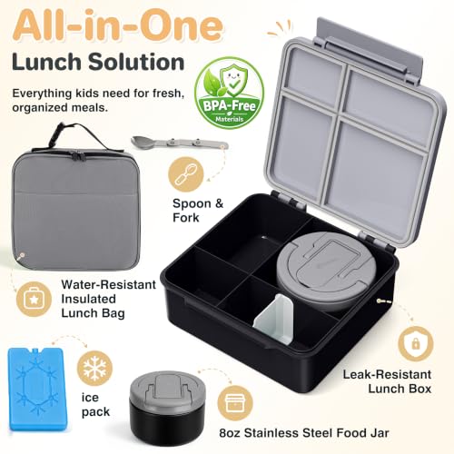 Kids Leakproof Bento Lunch Box Set with Insulated Soup Thermo - Black