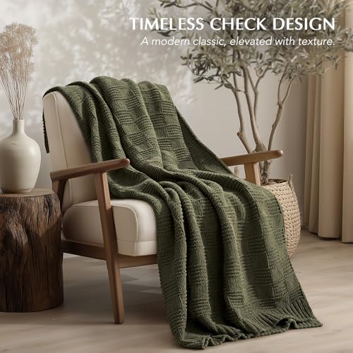 EverGrace Modern Checkered Chenille Throw Blanket - Olive Green 60x80