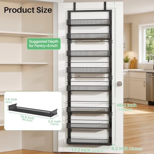 Over the Door Pantry Organizer 8 Tiers Black - Adjustable & Mesh Baskets