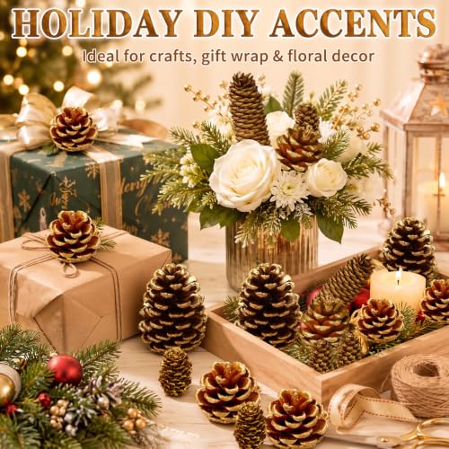 Janinka 24-Pack Gold Glitter Pine Cones - Multisize Christmas Ornaments