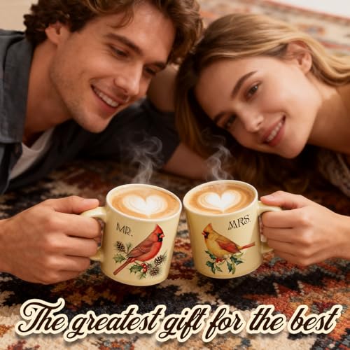 Couples Coffee Mug Set with Cardinal Design - Wedding & Anniversary Gift
