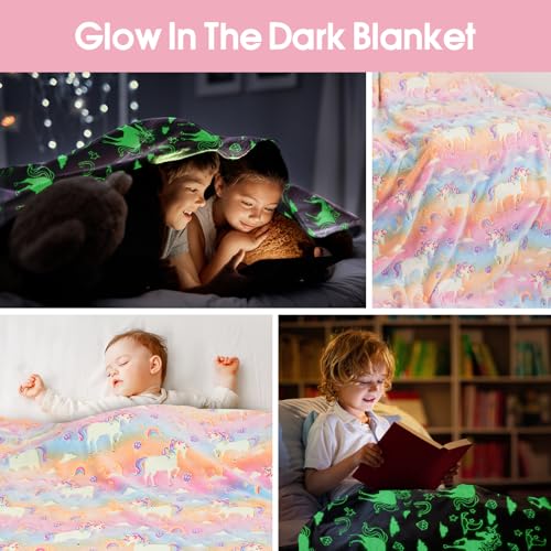 Glow in The Dark Blanket Unicorns Gifts for Kids, Soft Unicorns Blanket Gift Toys for Toddler Girls Age 2-16 Birthday Christmas 50""x60"", A0003
