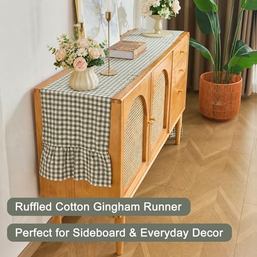 Sage Green Gingham Plaid Ruffle Table Runner 13 x 108 Inch - Farmhouse Cotton