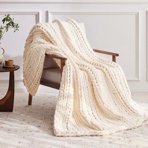 Cream White Chunky Knit Throw Blanket 50x60 Inches - Soft Chenille Wool