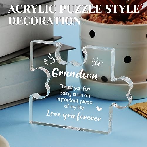 Funnli Grandson Gifts from Grandma Acrylic Puzzle Plaque - Christmas Valentines Day Fathers Day Birthday Gifts for Grandson 3.35 x 2.76 Inch Desk Decorations