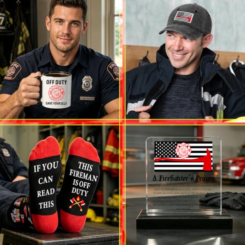 Firefighter Gifts Set with Mug, Hat, Socks, Plaque & Keychain for Men Women