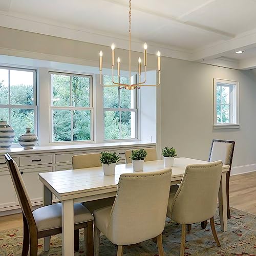 Gold 6-Light Candle Chandelier for Dining Room Farmhouse Pendant Light Fixture - Adjustable Height