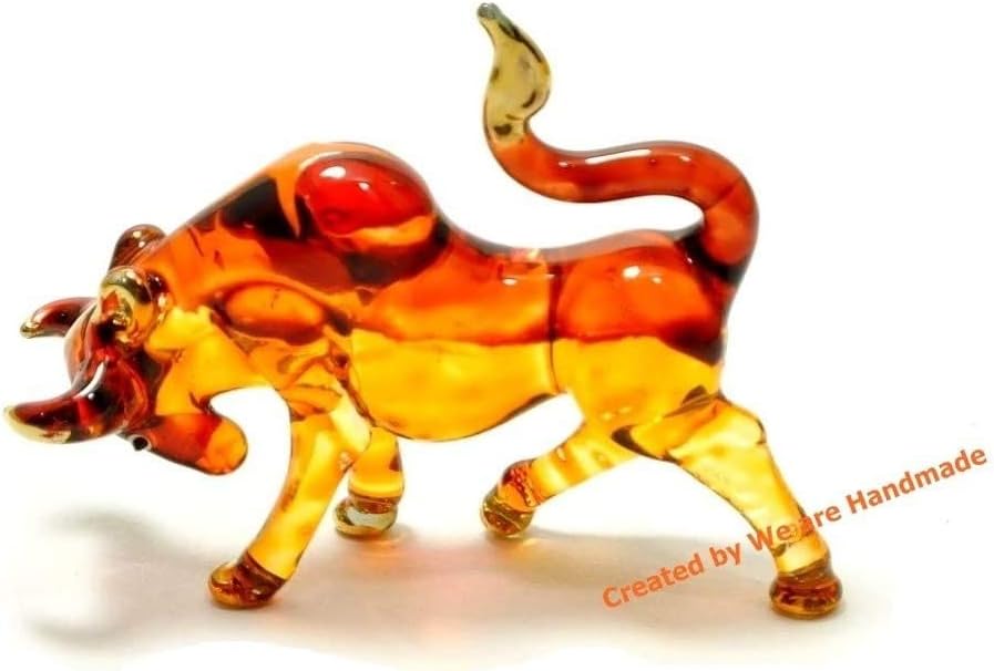 Miniature Handmade Blown Glass Brown Bull Figurine - Unique Collectible Garden Decor