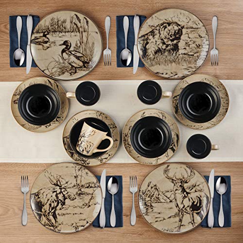 16-Piece Stoneware Dinnerware Set for 4 - Lodge-Style Wildlife Design