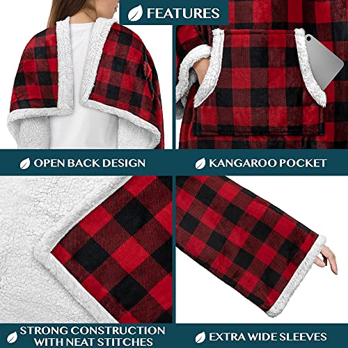 PAVILIA Sherpa Wearable Blanket with Sleeves, Checkered Red/Black 70x50 — Plush Cozy Throw for Adults