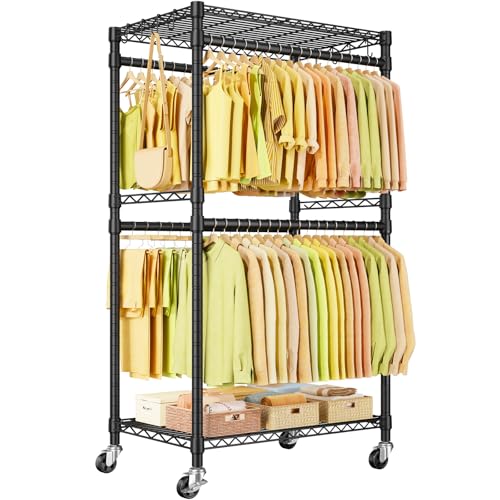 ULIFHOME P4 Rolling Clothes Rack with Double Rod & Adjustable Shelves - Black / P4