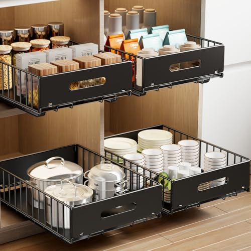 Mustorn 2 Pack Pull Out Cabinet Organizer - Black, Heavy Duty Slide Out Drawers for Kitchen & Pantry, 16.5 x 11.8 x 3.94 Inches