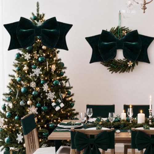 Hollowfly Green Velvet Bow Christmas Tree Topper 22x8in - Large Dark Green