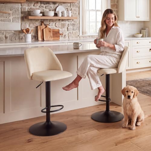 Adjustable Upholstered Bar Stools Set of 2 Beige - 360° Swivel Counter Height Chairs with Stable Metal Base