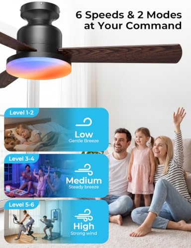 42-Inch Smart Ceiling Fan with Lights and Remote, Black + Walnut Finish, Low Profile