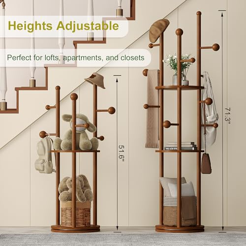 Freestanding Coat Rack with Walnut Finish and Rotating Base - Mid-Century Entryway Organizer