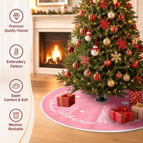 TenGlow Pink Velvet Christmas Tree Skirt 36 Inch Snowflake Embroidery - Holiday Decor
