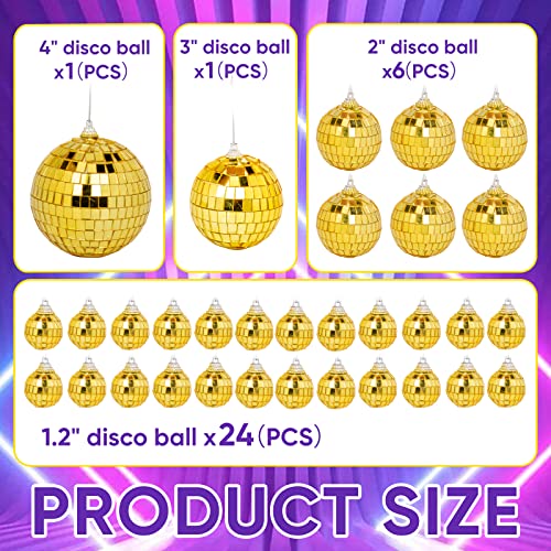 DJBoomy Gold Mini Disco Ball Decorations 32 Pack – 1.2"/2"/3"/4" Ornaments