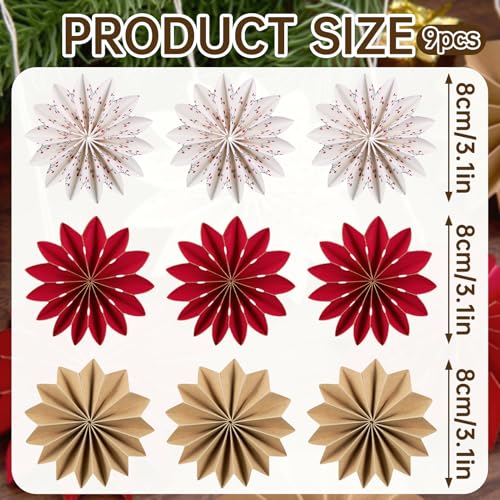 Balun Admhail 9Pcs Red White Brown Snowflake Paper Ornaments – Christmas Hanging Fans (Variation: Red and White)