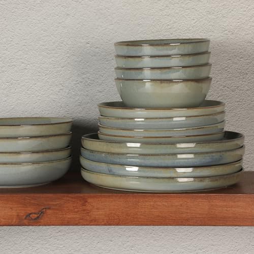 Green 16-Piece Dinnerware Set for 4 - Plates & Bowls Reactive Glaze