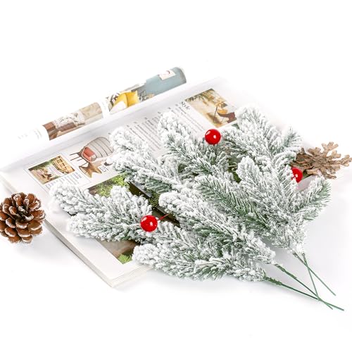 30 Pcs Frosted Artificial Pine Branches Christmas Snowy Greenery for DIY Holiday Decor