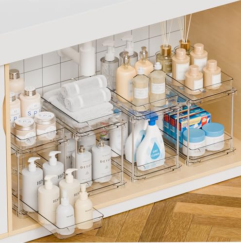 4 Pack Under Sink Organizers with Sliding Drawers - Clear Acrylic Bathroom & Cabinet Storage