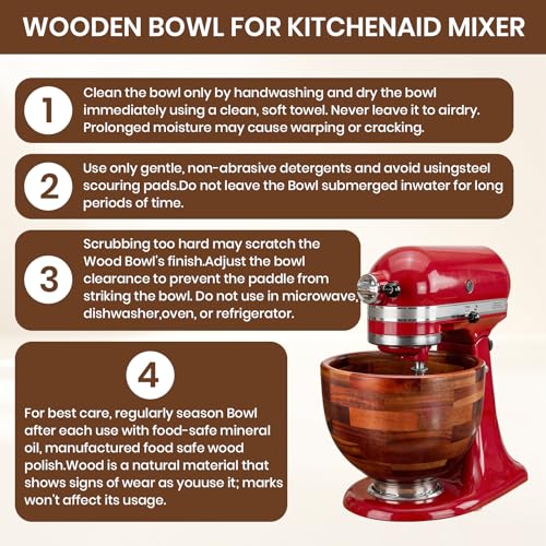 Wood Mixing Bowl for KitchenAid 5QT - Acacia Wooden Batter & Dough Bowl with Stainless Steel Locking Base