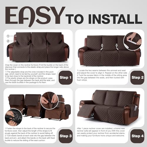 KinCam Waterproof Recliner Sofa Cover 3 Seater Chocolate - Washable, Non-Slip Fit