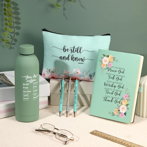 LemonRoad Green 6-Piece Christian Gift Set: 17oz Stainless Water Bottle + Cosmetic Bag, Notepad & Pens