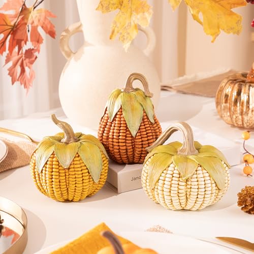 Large Fall Decorative Pumpkins Set of 3 - Valery Madelyn Resin Corn Figurines for Indoor & Outdoor Autumn Home Decor
