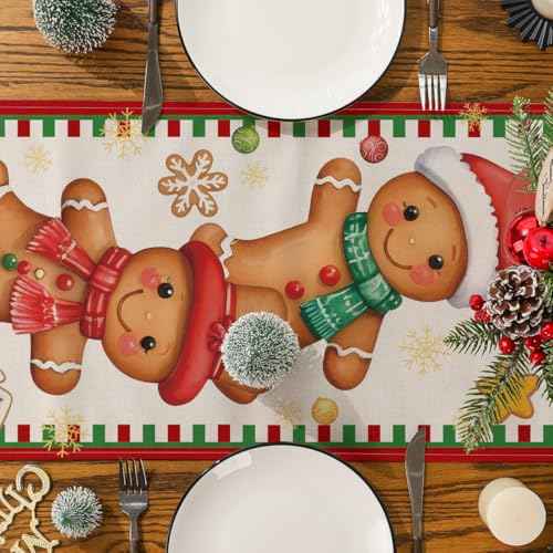 Christmas Table Runner, Xmas Funny Gingerbread Runner Seasonal Winter Merry Christmas New Year Holiday Home Party Decor Dining Table Decorations 13x72 Inch