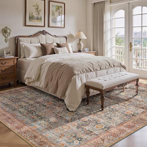 8x10 Rust Clay Area Rug - Washable Vintage Boho Non-Slip Low Pile Carpet