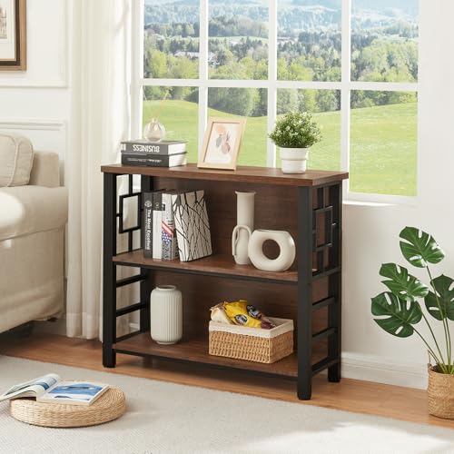 Rustic Brown 3-Tier Deep Book Shelf with Storage - Small Space Living Room & Office