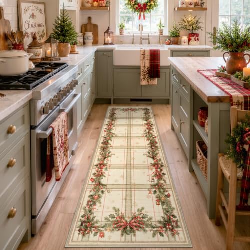 Lahome Beige 2x6 Christmas Runner Rug with Plaid & Pine Boughs