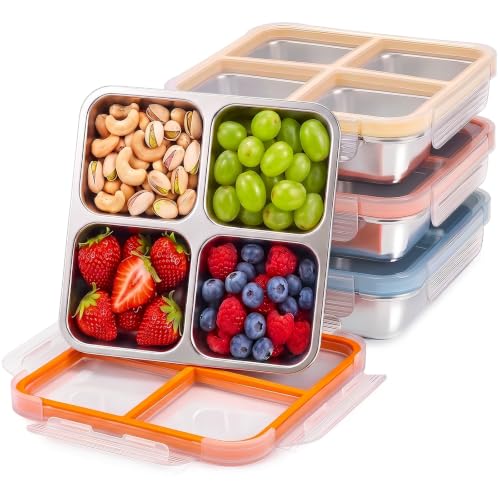 KEABOX 4-Pack Stainless Steel Snack Containers with 4 Compartments, Leak-Proof, 3 Cups Capacity