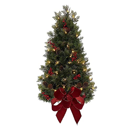 Pre-Lit Wall Christmas Tree with Red Bow - Battery-Operated, 26 Inch Holiday Decor