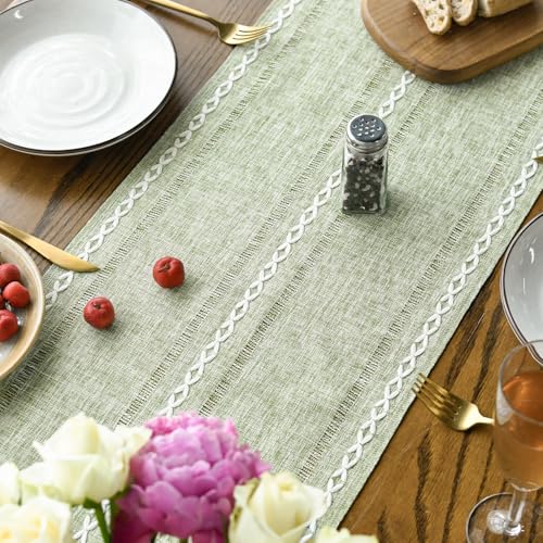 Artoid Mode Sage Green Rustic Cotton Linen Table Runner 13x90 Inch for Dining & Home Decor