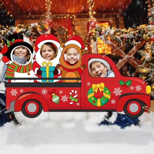 Large 75 Inch Christmas Red Truck Photo Booth Backdrop with Reindeer Santa Snowman