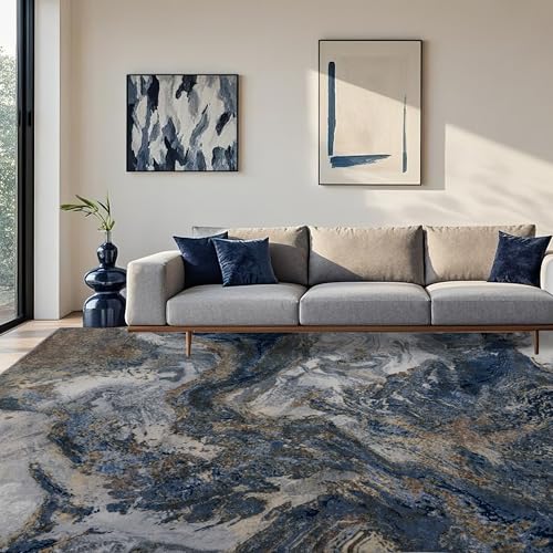 Blue and Gold Abstract Area Rug 8x10 - Washable, Pet-Friendly Living Room Mat