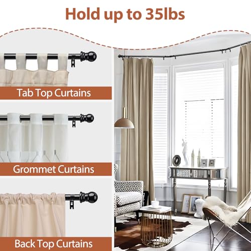 U Shaped Black Bay Window Curtain Rods - 1 Inch Heavy Duty Adjustable Curved Set