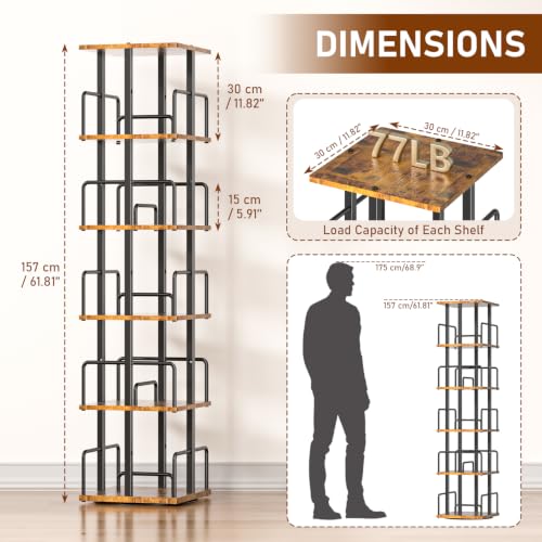 5-Tier Rotating Bookcase - Rustic Brown Corner Spinning Shelving Unit with Metal Guardrails