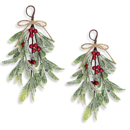 2 Pcs Christmas Artificial Mistletoe Ornament, 10.6'' Snowy Frosted Mistletoe Christmas Decoration with Berry Kissing Ball Mistletoe Hanging Decorations Spray for Winter Holiday Decor (2, Red)