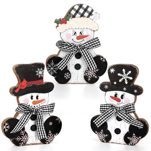 Sealmic 3 Pcs Christmas Wooden Snowman Centerpieces - Large Black & White Rustic Holiday Decor